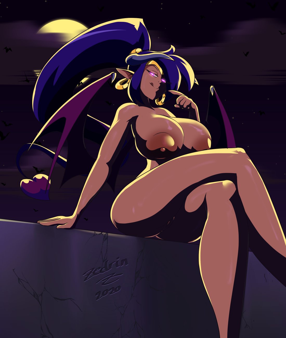 2020 areola big_breasts big_butt breasts butt ear_piercing ear_ring female genie glowing glowing_eyes hair hi_res huge_breasts humanoid humanoid_pointy_ears licking licking_lips looking_at_viewer moon navel night nipples nude piercing purple_eyes purple_hair ring_piercing shantae shantae_(series) signature sitting smile solo spade_tail succubus tail text thick_thighs tongue tongue_out wayforward winged_humanoid wings zedrin