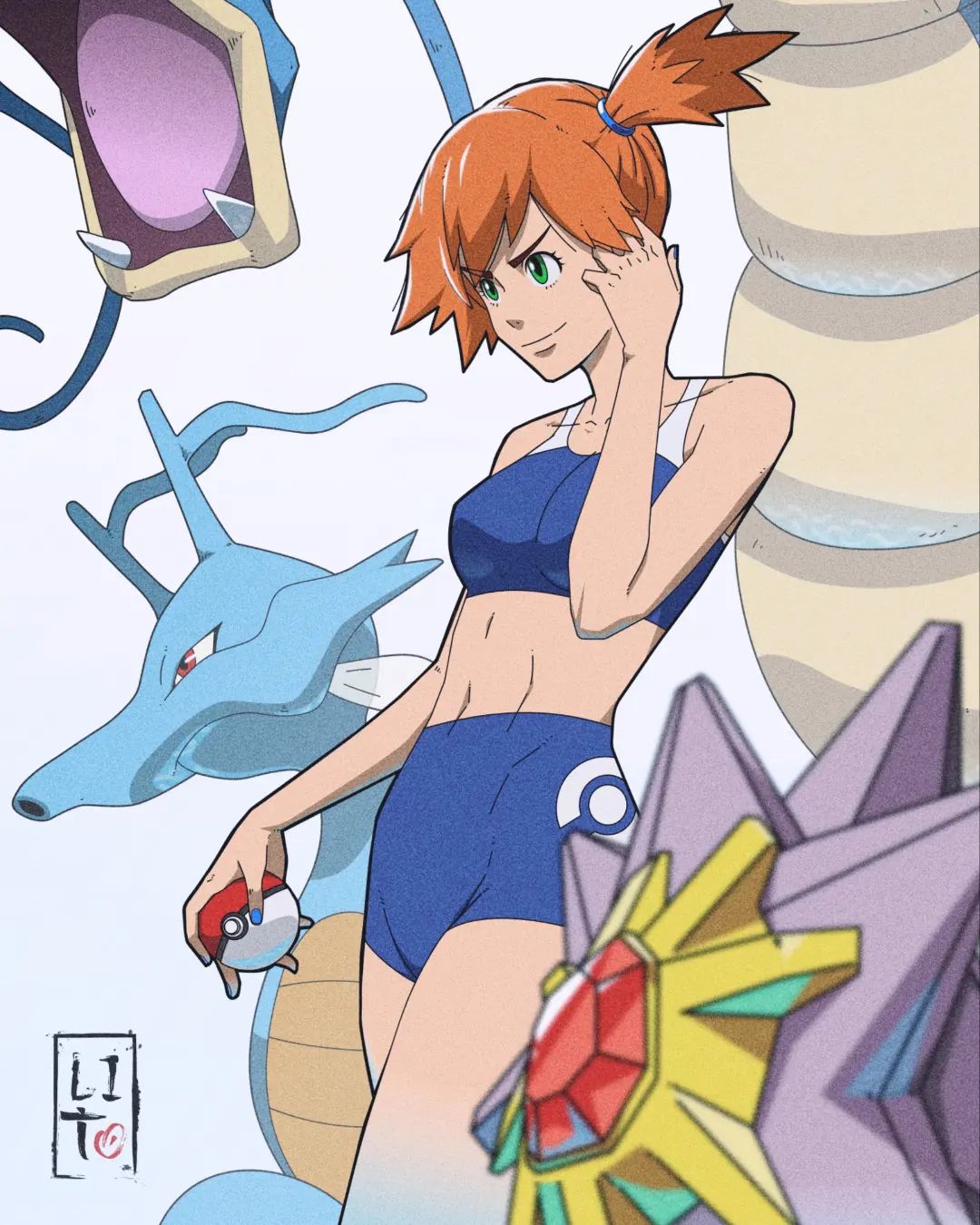 1girl alternate_costume artist_logo artist_name asymmetrical_hair bare_legs bike_shorts blue_nails blue_shorts blue_sports_bra breasts cowboy_shot eyelashes green_eyes gyarados hair_tie highres holding holding_poke_ball kingdra lito_vivela94 medium_breasts misty_(pokemon) navel open_mouth out_of_frame poke_ball poke_ball_(basic) pokemon pokemon_(game) pokemon_frlg short_hair shorts side_ponytail simple_background sports_bra starmie thighs watermark white_background