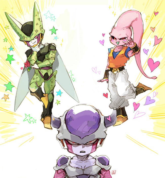 3boys akame_(chokydaum) arthropod_boy black_sclera cell_(dragon_ball) colored_sclera colored_skin dragon_ball dragon_ball_z flower frieza hand_on_own_chin heart holding holding_flower horns insect_wings looking_at_viewer majin_buu multiple_boys one_eye_closed open_mouth pectoral_cleavage pectorals pink_eyes pink_skin red_eyes smile star_(symbol) super_buu teeth upper_teeth_only v wings