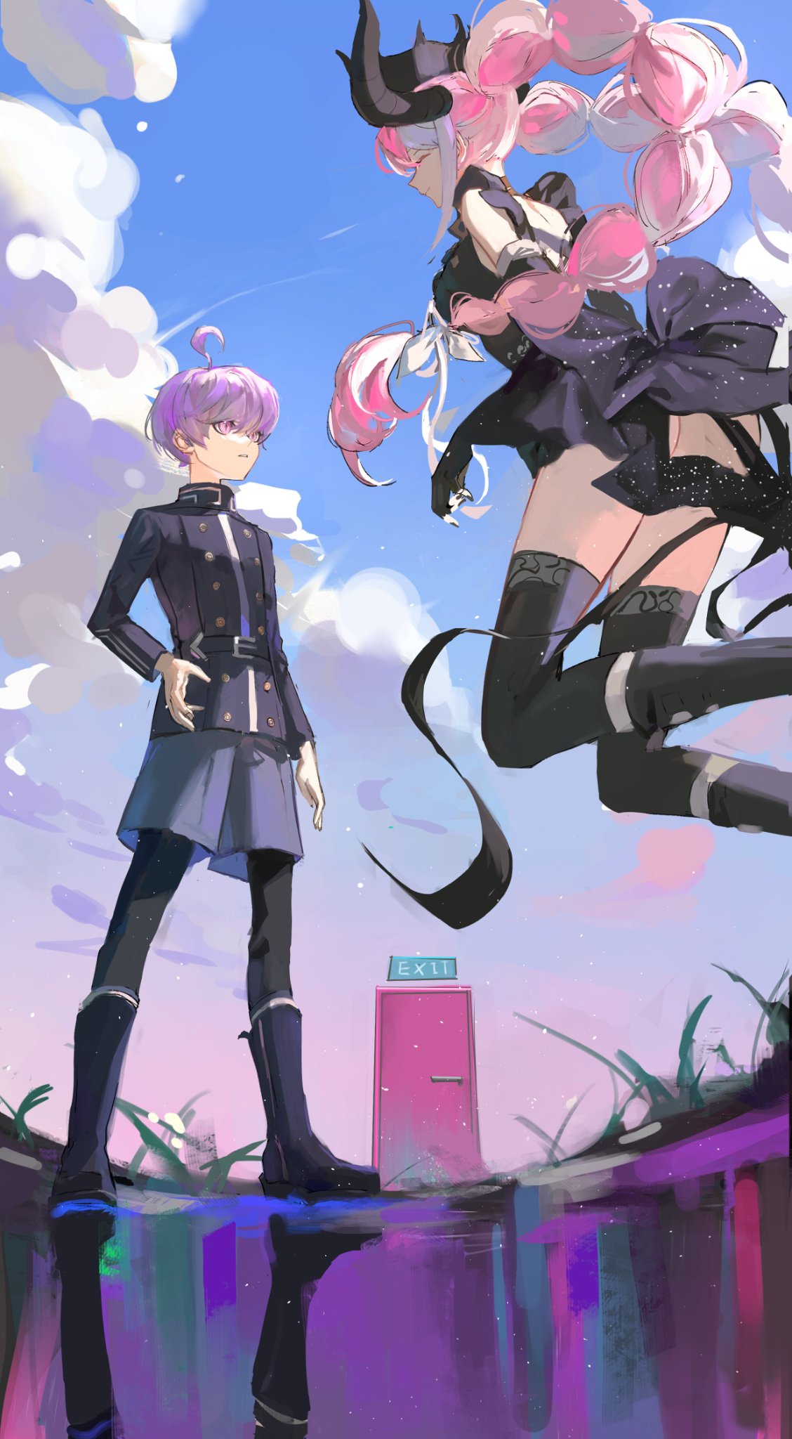 1boy 1girl ahoge binxngchng1 black_dress black_footwear black_horns black_pantyhose black_sleeves black_thighhighs blue_footwear blue_shorts blue_sky boots braid breasts cloud commentary crown detached_sleeves door dress exit_sign floating frilled_dress frills full_body grass hair_ribbon highres horns large_breasts long_hair long_sleeves looking_at_another master_detective_archives:_rain_code multicolored_hair pantyhose pink_hair purple_eyes purple_hair reflection ribbon shinigami_(rain_code) short_hair shorts sky smile standing thighhighs twin_braids two-tone_hair very_long_hair white_hair white_ribbon yuma_kokohead