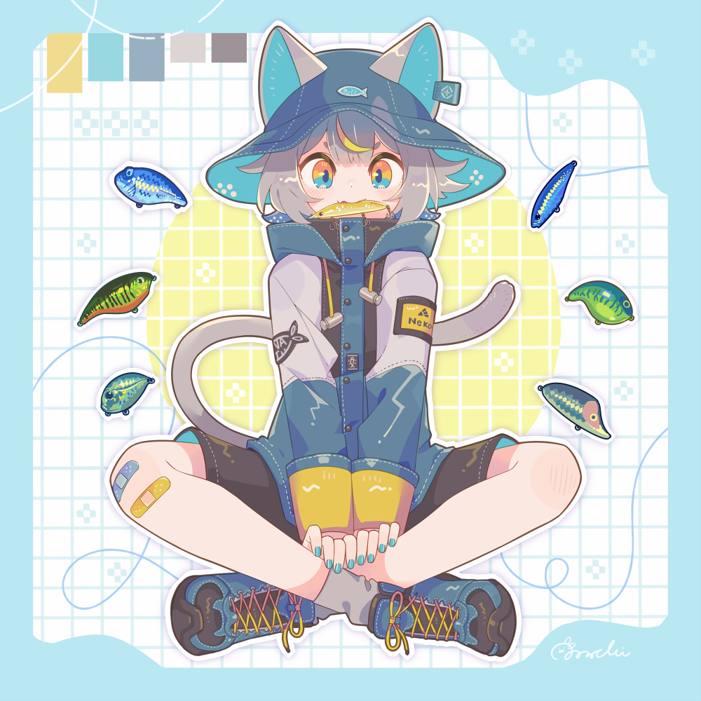 1other androgynous animal_hat aqua_eyes aqua_headwear aqua_nails bandaid bandaid_on_knee bandaid_on_leg black_footwear black_shorts blue_footwear blue_jacket blue_pupils blush bucket_hat cat_hat cat_tail commentary_request drawstring fang fish fish_hat_ornament fishing_hook fishing_lure full_body grey_hair grey_socks grey_tail grid_background hat hat_ornament indian_style jacket long_sleeves looking_at_viewer mouth_hold multicolored_eyes multicolored_hair orange_eyes original outline shoes short_eyebrows short_hair shorts signature sitting skin_fang smile sneakers socks solo sorata123 streaked_hair tail white_jacket white_outline