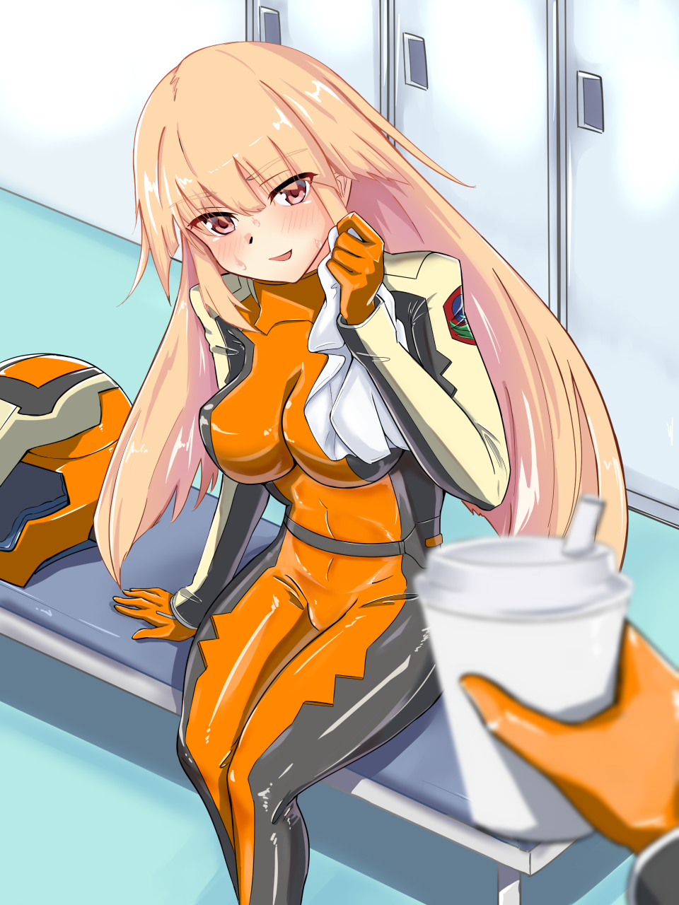 1girl 1other bench blonde_hair blurry bodysuit breasts brooklyn_(kancolle) commentary_request cosplay depth_of_field english_commentary feet_out_of_frame gloves gundam gundam_seed headwear_removed helmet helmet_removed highres impossible_clothes kantai_collection large_breasts locker long_hair mixed-language_commentary orange_bodysuit orange_gloves pilot_suit red_eyes solo_focus timosan towel tumbler