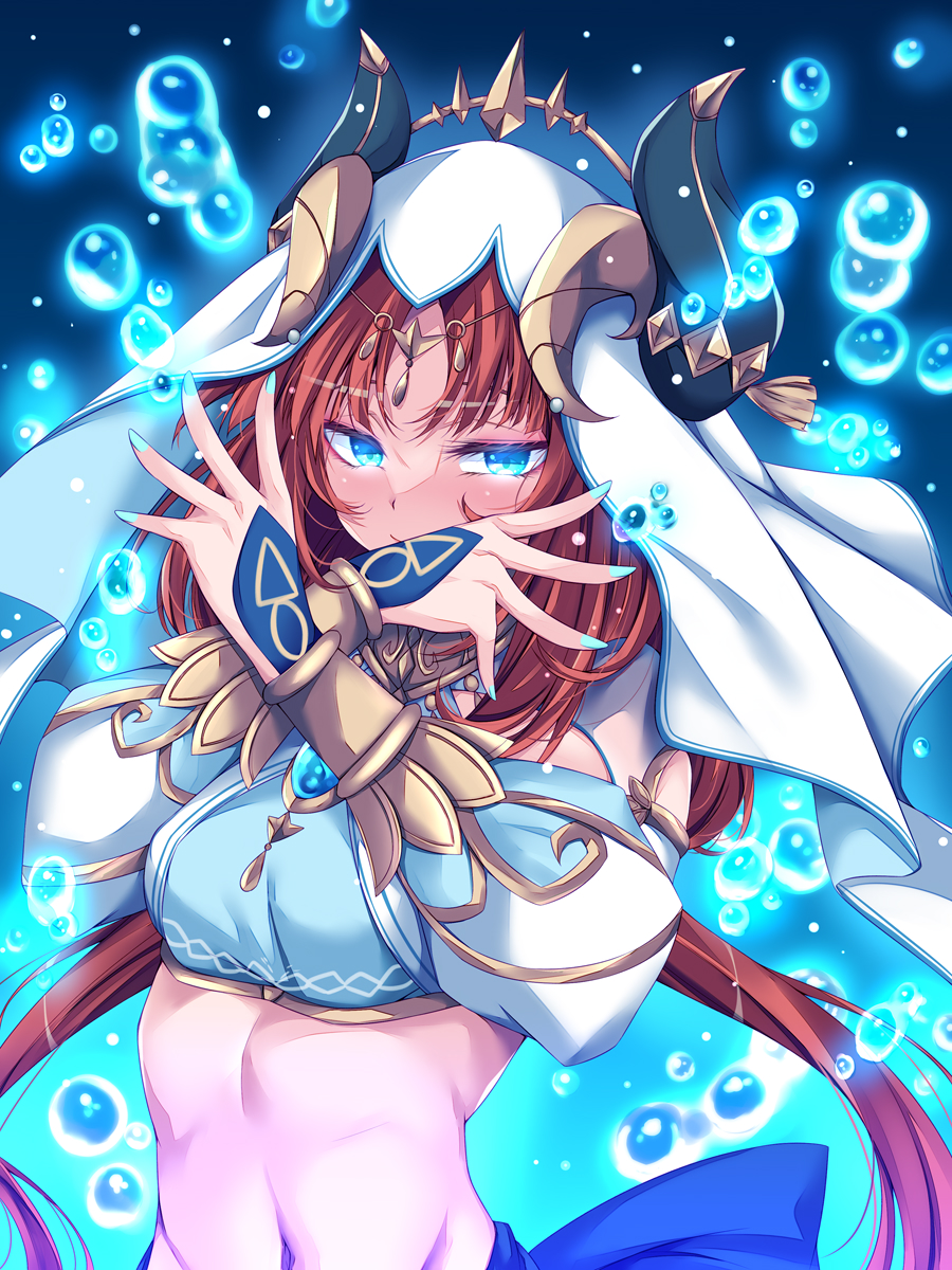 1girl aqua_eyes aqua_nails blue_gemstone bracer brooch circlet closed_mouth commentary_request crop_top detached_sleeves fake_horns gem genshin_impact glowing glowing_eyes gold_trim hands_up harem_outfit highres horns jewelry long_hair long_sleeves looking_at_viewer navel neck_ring nilou_(genshin_impact) parted_bangs puffy_long_sleeves puffy_sleeves red_hair sidelocks solo stomach suterii twintails upper_body water white_headwear white_veil x_arms