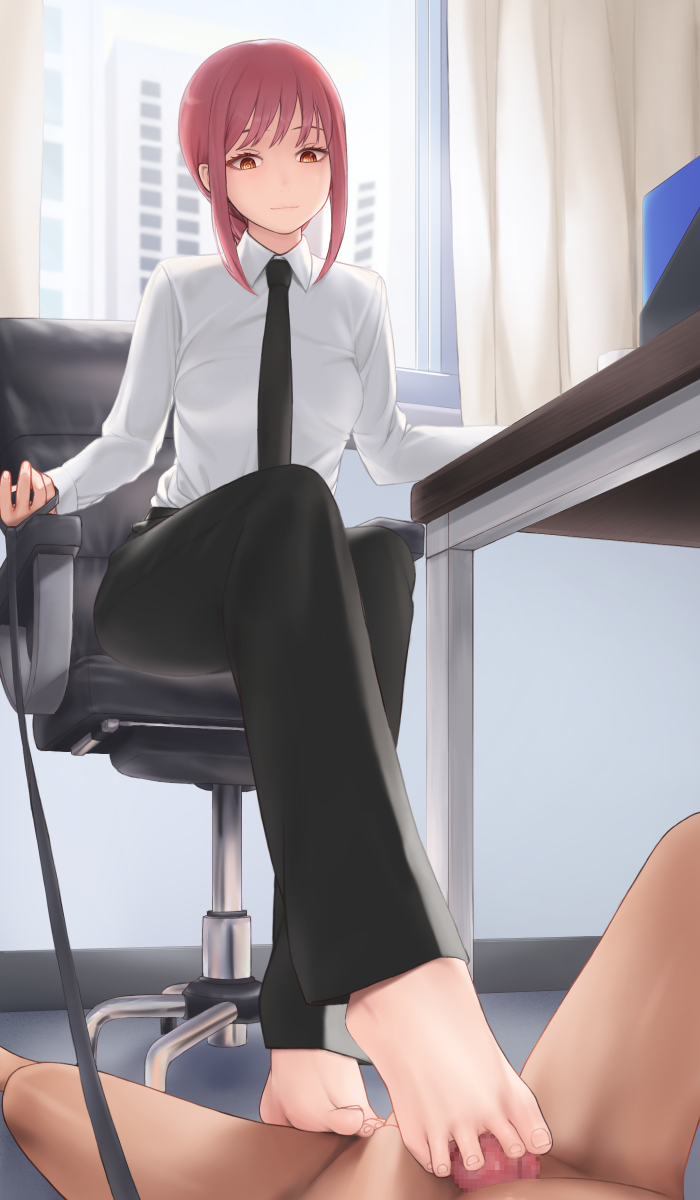 1boy 1girl barefoot black_necktie black_pants blush braid braided_ponytail breasts business_suit censored chainsaw_man chair closed_mouth clothed_female_nude_male collared_shirt commentary_request curtains dark-skinned_male dark_skin feet footjob foreshortening formal full_body hetero highres indoors long_hair long_sleeves lying maa_(maa1) makima_(chainsaw_man) mosaic_censoring necktie nude office office_chair on_back on_ground pants pink_hair ringed_eyes shirt shirt_tucked_in siddham sidelocks sitting suit swept_bangs swivel_chair toenails toes white_shirt window