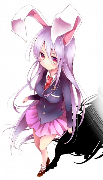 1girl animal_ears blazer breasts chikuwa_savy commentary_request crescent downscaled duplicate from_above jacket large_breasts light_purple_hair long_hair long_sleeves necktie non-web_source pleated_skirt rabbit_ears red_eyes reisen_udongein_inaba resized shadow shirt skirt smile solo touhou very_long_hair