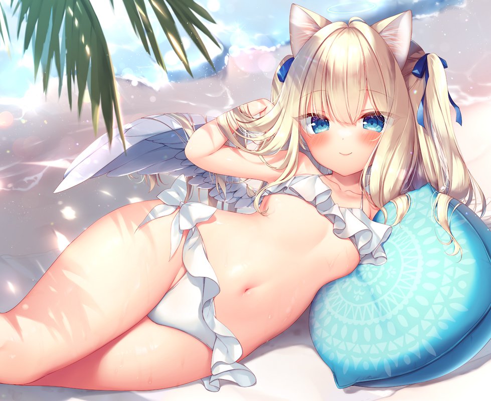 1girl angel angel_wings animal_ears bikini blonde_hair blue_eyes blunt_bangs blush breasts cat_ears commentary_request frilled_bikini frills hair_ribbon looking_at_viewer lying on_side original pillow ribbon sazaki_ichiri small_breasts smile solo swimsuit twintails white_bikini white_wings wings