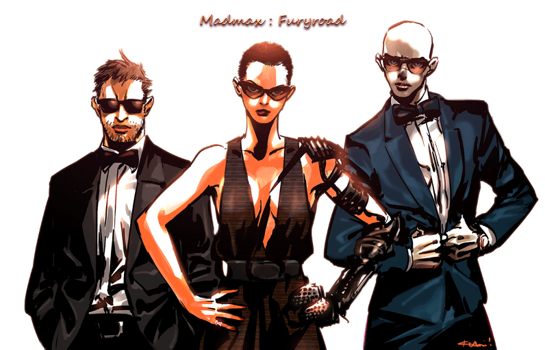 1girl 2boys archived_source bad_id bad_tumblr_id bald beard_stubble belt black_jacket dress hands_on_own_hips imperator_furiosa jacket kotteri looking_at_viewer mad_max mad_max:_fury_road max_rockatansky multiple_boys neck_ribbon nux_(mad_max) ribbon shirt short_hair simple_background suit sunglasses watch white_background white_shirt wristwatch