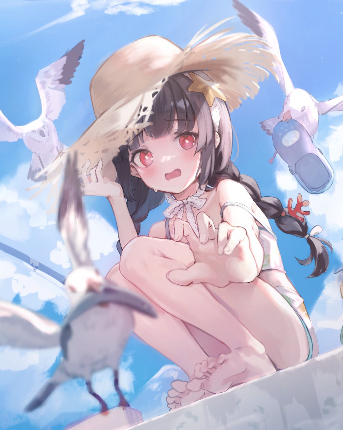 1girl barefoot bikini bird black_hair blue_archive blue_sky blunt_bangs blush braid clothes_theft cloud commentary_request day feet food_theft foreshortening hair_ornament hat highres knees_up kyaroru legs looking_at_viewer low_twin_braids low_twintails miyu_(blue_archive) miyu_(swimsuit)_(blue_archive) official_alternate_costume outdoors outstretched_arm red_eyes seagull sky soles solo squatting star_(symbol) star_hair_ornament strap_slip straw_hat sweatdrop swimsuit theft toes twin_braids twintails white_bikini