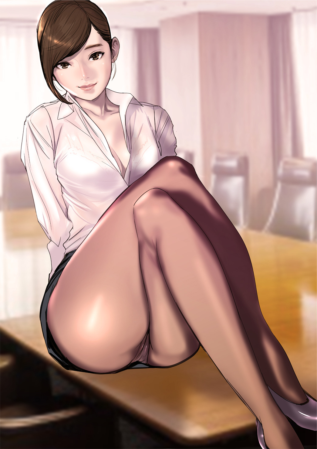 1girl black_skirt blurry blurry_background bra_visible_through_clothes breasts brown_eyes brown_hair brown_pantyhose cleavage closed_mouth collared_shirt crossed_legs depth_of_field desk dress_shirt dytm highres indoors knees_up large_breasts long_sleeves looking_at_viewer mature_female office_lady on_desk original pantyhose see-through shirt short_hair sitting skirt solo white_shirt