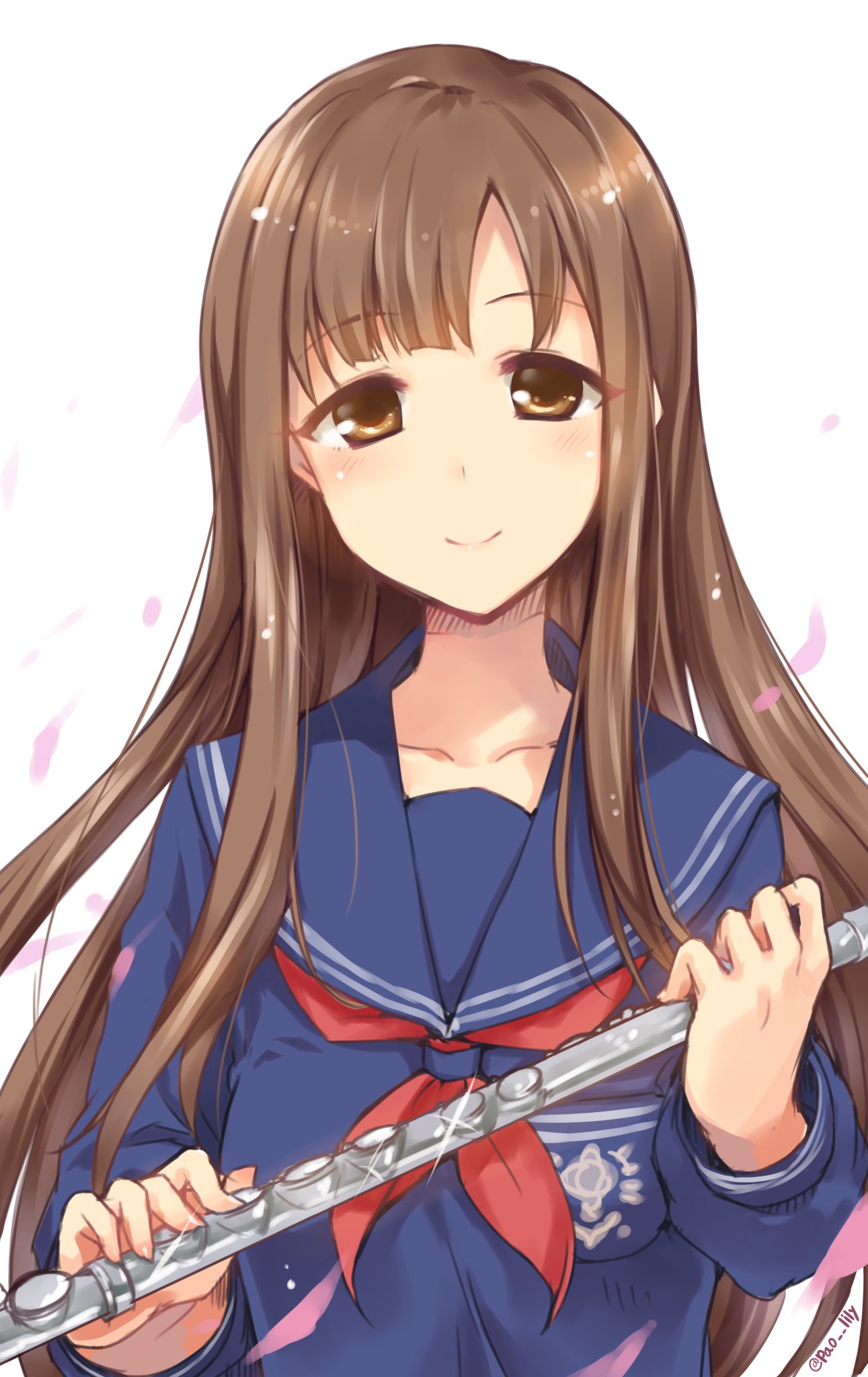 1girl blue_sailor_collar blue_shirt blunt_bangs blush breasts brown_eyes brown_hair clarinet closed_mouth collarbone dot_nose falling_petals glint highres holding idolmaster idolmaster_cinderella_girls idolmaster_cinderella_girls_starlight_stage instrument long_hair long_sleeves looking_at_viewer medium_breasts mizumoto_yukari neckerchief paopao petals red_neckerchief sailor_collar school_uniform serafuku shirt simple_background smile solo twitter_username upper_body white_background