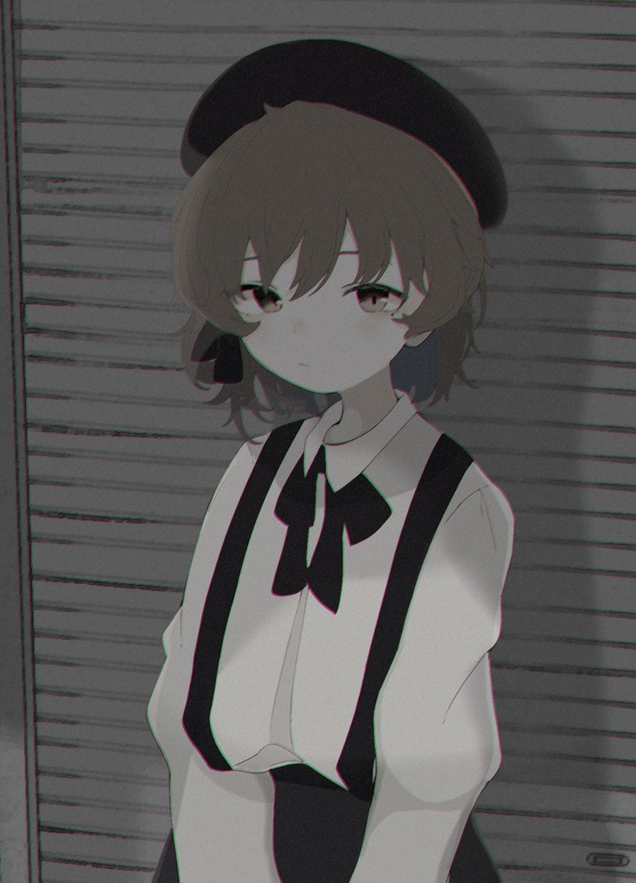 1girl :/ beret black_bow black_bowtie black_headwear black_skirt bow bowtie brown_eyes brown_hair chromatic_aberration closed_mouth collared_shirt cowboy_shot dot_nose film_grain flat_color garage gradient_eyes grey_theme hat hatoba_tsugu highres long_sleeves looking_at_viewer mole multicolored_eyes mushoku_loli muted_color own_hands_together shirt skirt solo standing suspenders tsugu_(vtuber) virtual_youtuber white_shirt