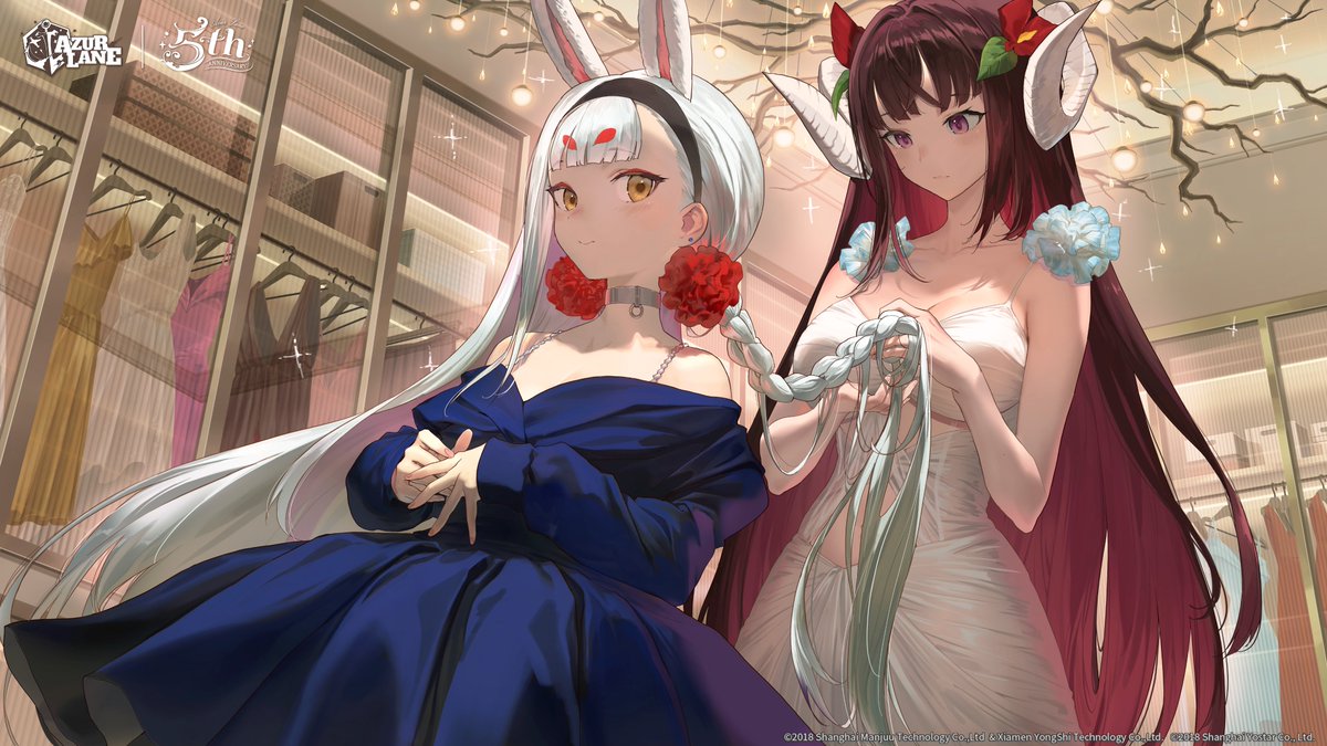 2girls animal_ears azur_lane bare_shoulders bare_tree black_hairband blue_dress blunt_bangs blush braid braiding_hair breasts brown_hair choker cleavage closed_mouth clothing_cutout collarbone colored_inner_hair copyright copyright_name curled_horns dress extra_ears flower hair_flower hair_ornament hairband hairdressing holding holding_another's_hair holding_hair horns indoors jewelry large_breasts long_hair long_sleeves multicolored_hair multiple_girls off-shoulder_dress off_shoulder official_art own_hands_together purple_eyes rabbit_ears rabbit_girl red_flower red_hair salmon88 second-party_source shimakaze_(azur_lane) sitting sleeveless smile spaghetti_strap sparkle standing suruga_(azur_lane) tree very_long_hair white_dress white_hair yellow_eyes