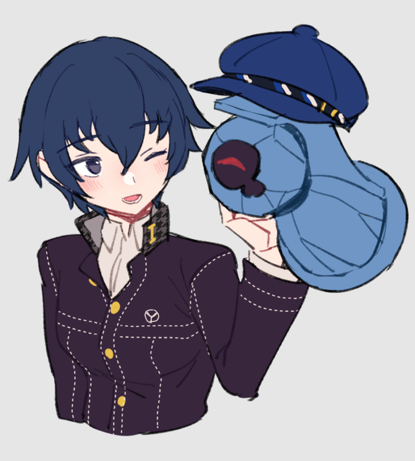 1girl beldum blue_eyes blue_hair cabbie_hat do_m_kaeru floating hat headpat one_eye_closed persona persona_4 pokemon red_eyes school_uniform shirogane_naoto short_hair upper_body very_short_hair white_background yasogami_school_uniform