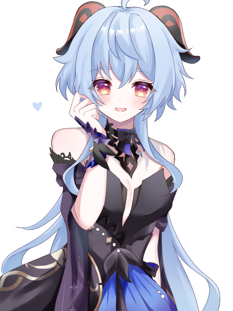 1girl :d ahoge bare_shoulders black_dress blue_hair commentary_request cosplay dress ganyu_(genshin_impact) genshin_impact hand_up heart horns keqing_(genshin_impact) keqing_(genshin_impact)_(cosplay) kino_(curry_pan) long_hair looking_at_viewer off-shoulder_dress off_shoulder open_mouth orange_eyes short_sleeves simple_background smile solo upper_body very_long_hair white_background