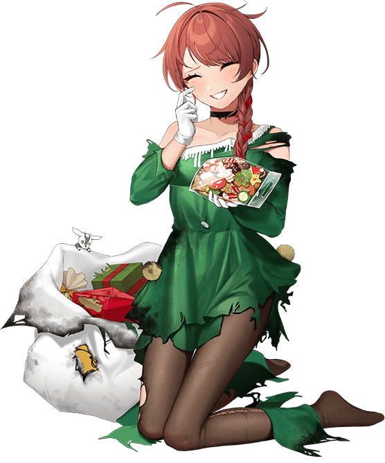 1girl box braid breasts christmas christmas_tree_costume christmas_tree_hat closed_eyes cookie dress food full_body gift gift_box green_dress hoshiakari_(c2_kikan) kantai_collection large_breasts long_hair looking_at_viewer nevada_(kancolle) official_art pantyhose red_eyes red_hair sack smile solo torn_clothes transparent_background turret