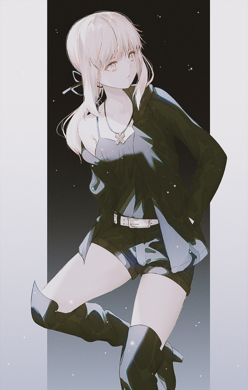 1girl artoria_pendragon_(fate) belt belt_buckle black_jacket black_ribbon black_shirt black_shorts blonde_hair buckle closed_mouth commentary english_commentary fate/grand_order fate_(series) fov_ps hair_ribbon hand_in_pocket highres jacket jewelry long_hair looking_away low_ponytail necklace official_alternate_costume open_clothes open_jacket open_mouth pale_skin pocket ribbon saber_alter saber_alter_(ver._shinjuku_1999)_(fate) shirt shorts sleeveless sleeveless_shirt solo white_belt yellow_eyes