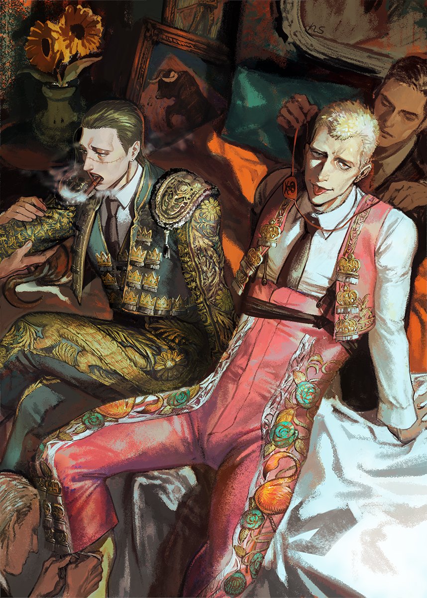 4boys bird black_hair black_necktie blonde_hair brown_eyes bull cigar collared_shirt crocodile_(one_piece) crossed_legs donquixote_doflamingo eyepatch faux_traditional_media flamingo flower hair_slicked_back highres looking_at_viewer matador multicolored_clothes multiple_boys necktie nisir0 one_piece open_mouth painting_(object) patterned_clothing scar scar_on_face shirt short_hair sitting skull_and_crossbones smile smoking sunflower tongue tongue_out vase white_shirt