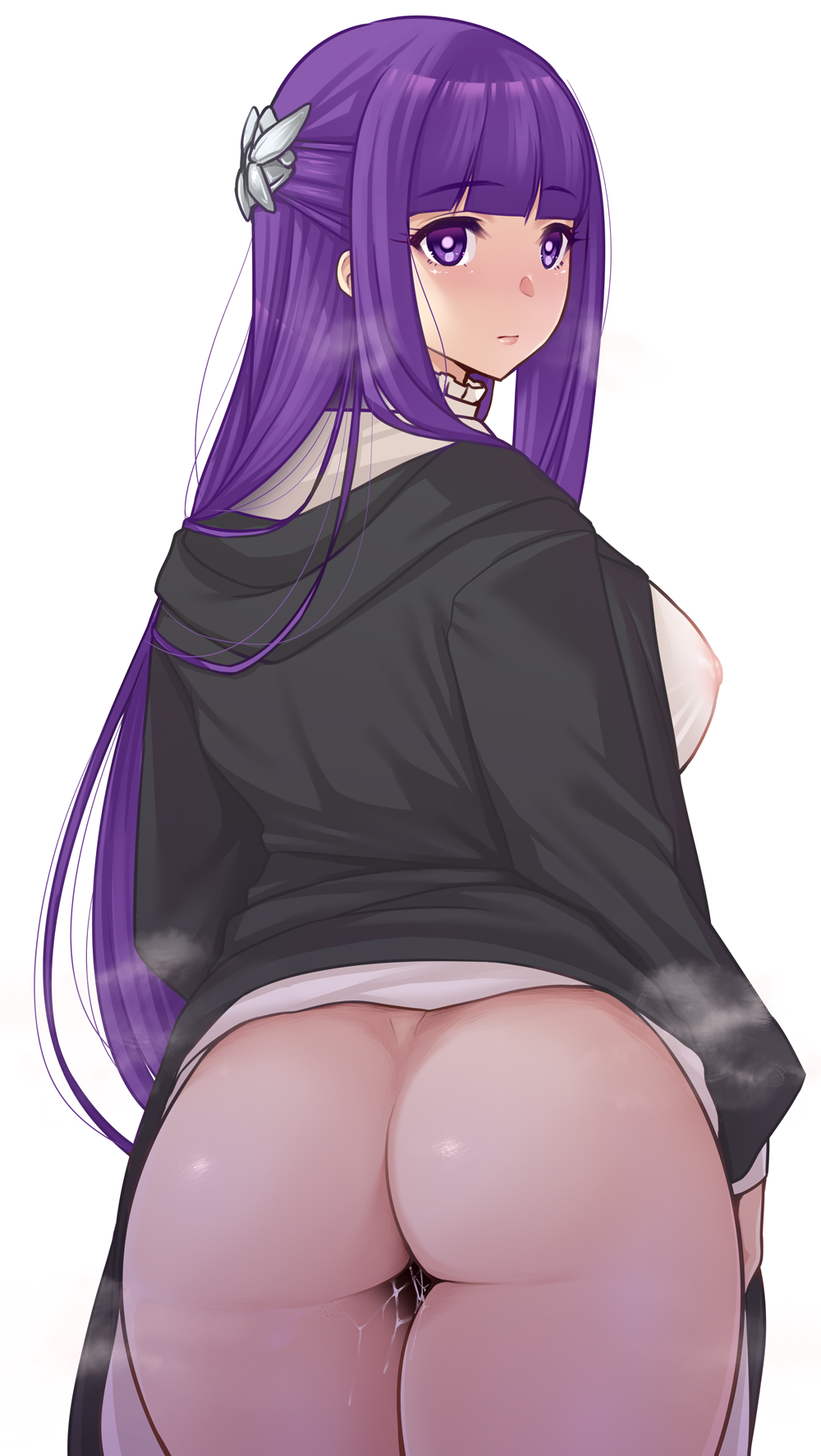 1girl ass back black_coat blunt_bangs blush breasts coat dress fern_(sousou_no_frieren) half_updo highres large_breasts long_hair long_sleeves looking_at_viewer looking_back namidame purple_eyes purple_hair sidelocks solo sousou_no_frieren thighs white_dress