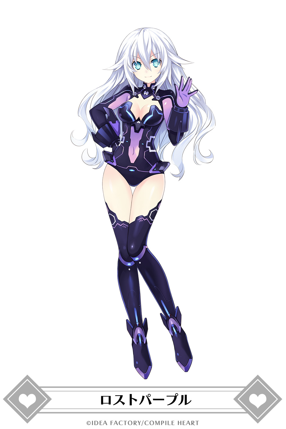 1girl aqua_eyes black_heart breasts cosplay full_body highres long_hair mainichi_compile_heart medium_breasts neptune_(series) purple_heart purple_heart_(cosplay) simple_background smile solo symbol-shaped_pupils white_hair