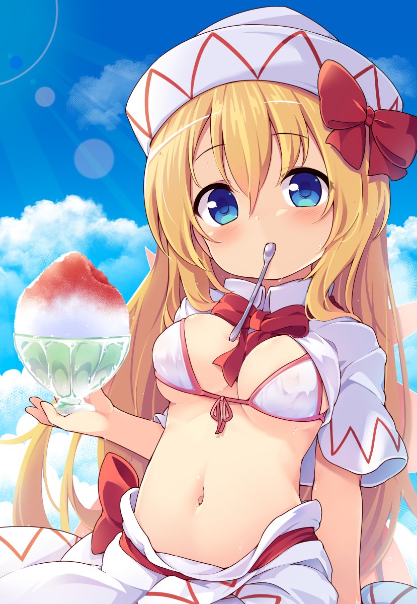1girl baku-p bikini blonde_hair blue_eyes blush breasts capelet fairy fairy_wings food hair_between_eyes hat highres holding lily_white long_hair looking_at_viewer medium_breasts mouth_hold navel shaved_ice solo spoon swimsuit touhou white_bikini white_capelet white_headwear wings