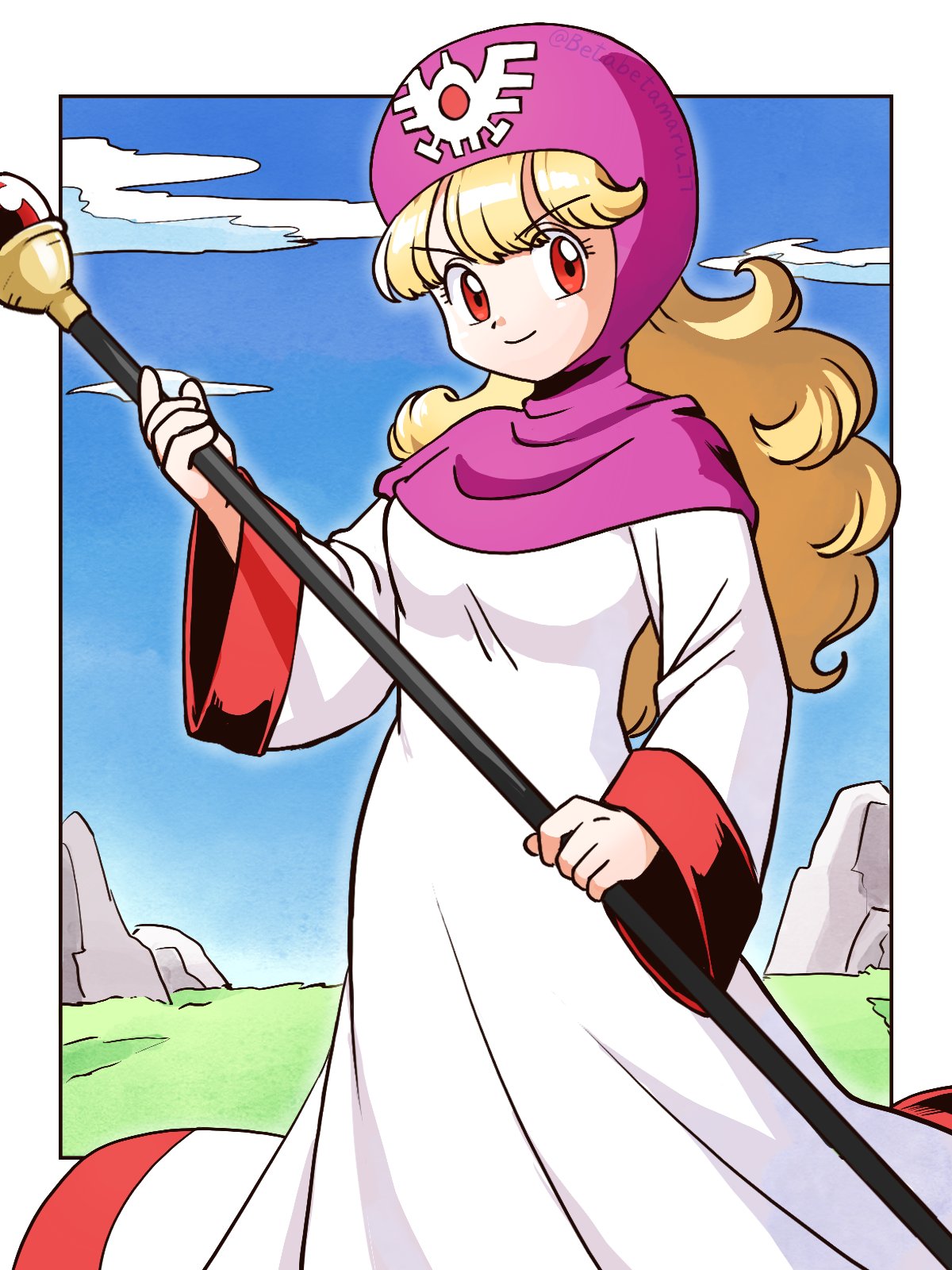 1girl betabetamaru blonde_hair breasts curly_hair dragon_quest dragon_quest_ii dress highres hood long_hair long_sleeves looking_at_viewer princess princess_of_moonbrook red_eyes robe smile solo staff