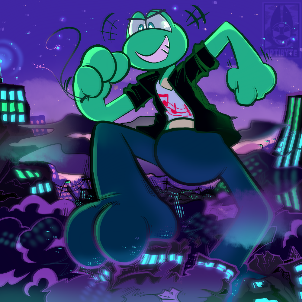 1:1 2_toes 3_fingers amphibian anthro artist_logo black_clothing black_jacket black_topwear city city_destruction clothing cloud crush destruction destruction_of_property featureless_crotch feet fingers footwear frog glistening glistening_eyes green_body green_light green_skin green_star grin happy jacket landscape_dwarfing legwear logo looking_down looking_down_at_object macro male musical_note nanogotchi optibyte purple_building purple_cloud purple_sky purple_street_lamp round_crotch shirt sky smile socks solo star starry_sky stirrup_clothing stirrup_leggings stirrup_legwear street_lamp t-shirt thigh_highs thigh_socks toes topwear