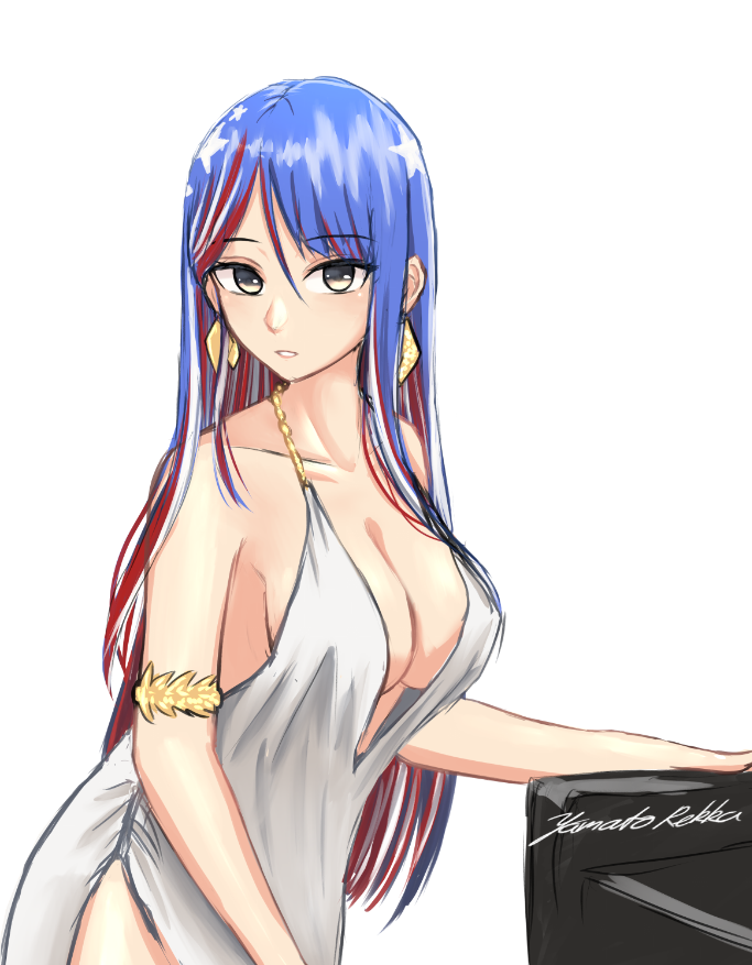 1girl alternate_costume armlet artist_name azur_lane bare_shoulders blue_hair breasts cleavage cosplay dress earrings grey_eyes hair_between_eyes hip_vent jewelry kantai_collection large_breasts long_hair looking_at_viewer multicolored_hair one-hour_drawing_challenge parted_lips red_hair rekka_yamato sideboob solo south_dakota_(azur_lane) south_dakota_(azur_lane)_(cosplay) south_dakota_(kancolle) south_dakota_(solo_concert)_(azur_lane) white_background white_dress white_hair