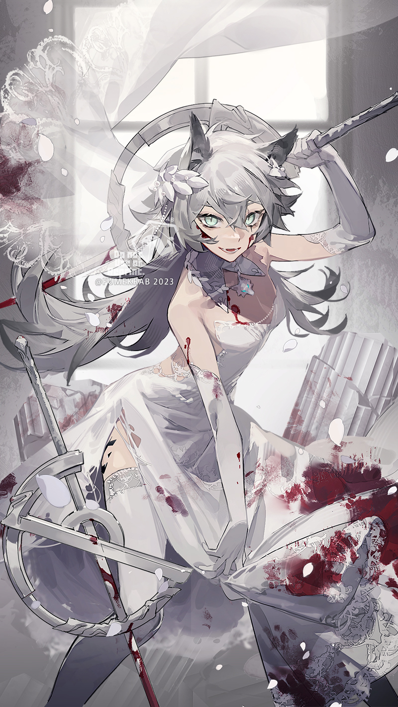 1girl animal_ears arknights blood blood_on_clothes blood_on_dress blood_on_face blood_on_weapon bridal_veil bride broken_pillar detached_collar dress flower grey_eyes hair_flower hair_ornament highres holding holding_weapon krab_(fumekrab) lappland_(arknights) long_hair looking_at_viewer messy_hair oripathy_lesion_(arknights) planted planted_sword scar scar_across_eye scar_on_face smile solo sword thighhighs torn_clothes torn_dress veil weapon wedding_dress white_dress window wolf_ears wolf_girl