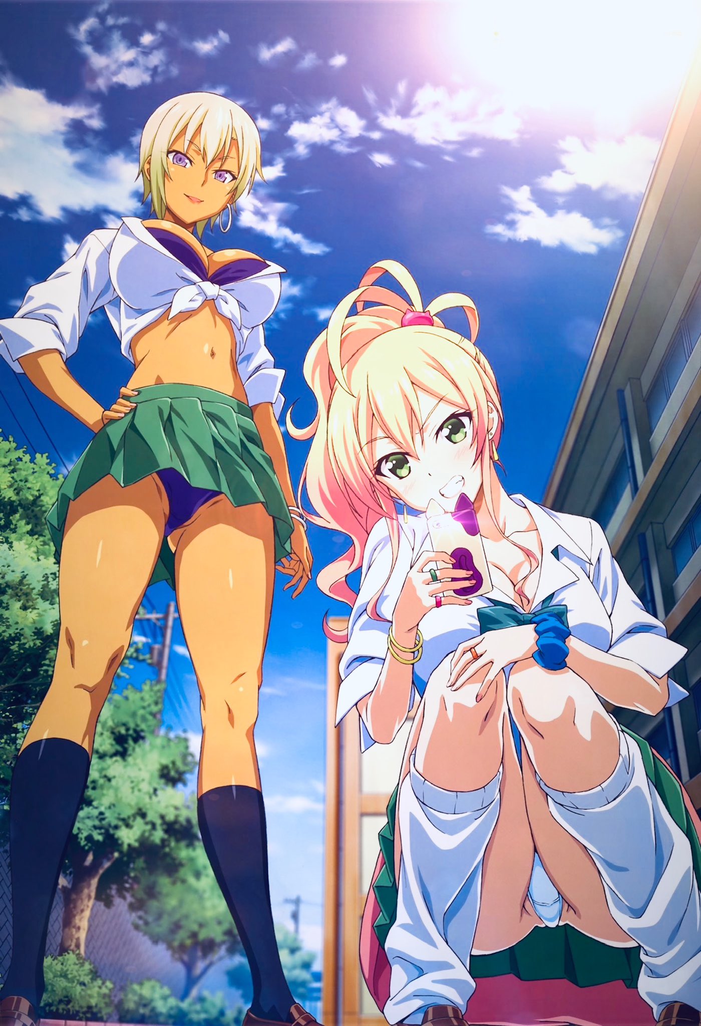 2girls ass_visible_through_thighs blonde_hair blue_scrunchie blurry bra bracelet breasts cat_hair_ornament cellphone cleavage dark-skinned_female dark_skin depth_of_field earrings glasses green_eyes green_skirt grin groin gyaru hair_ornament hajimete_no_gal hand_on_own_hip highres honjou_ranko hoop_earrings jewelry kneehighs kogal large_breasts legs_apart loafers long_hair looking_at_viewer loose_socks megami_magazine midriff multiple_girls navel official_art panties pantyshot phone phone_with_ears pleated_skirt purple_bra purple_eyes purple_panties ring school_uniform scrunchie shirt shoes short_hair skirt sleeves_pushed_up smartphone smartphone_case smile socks squatting standing tan thighs tied_shirt tree underwear watanabe_yoshihiro white_panties white_shirt white_socks wrist_scrunchie yame_yukana