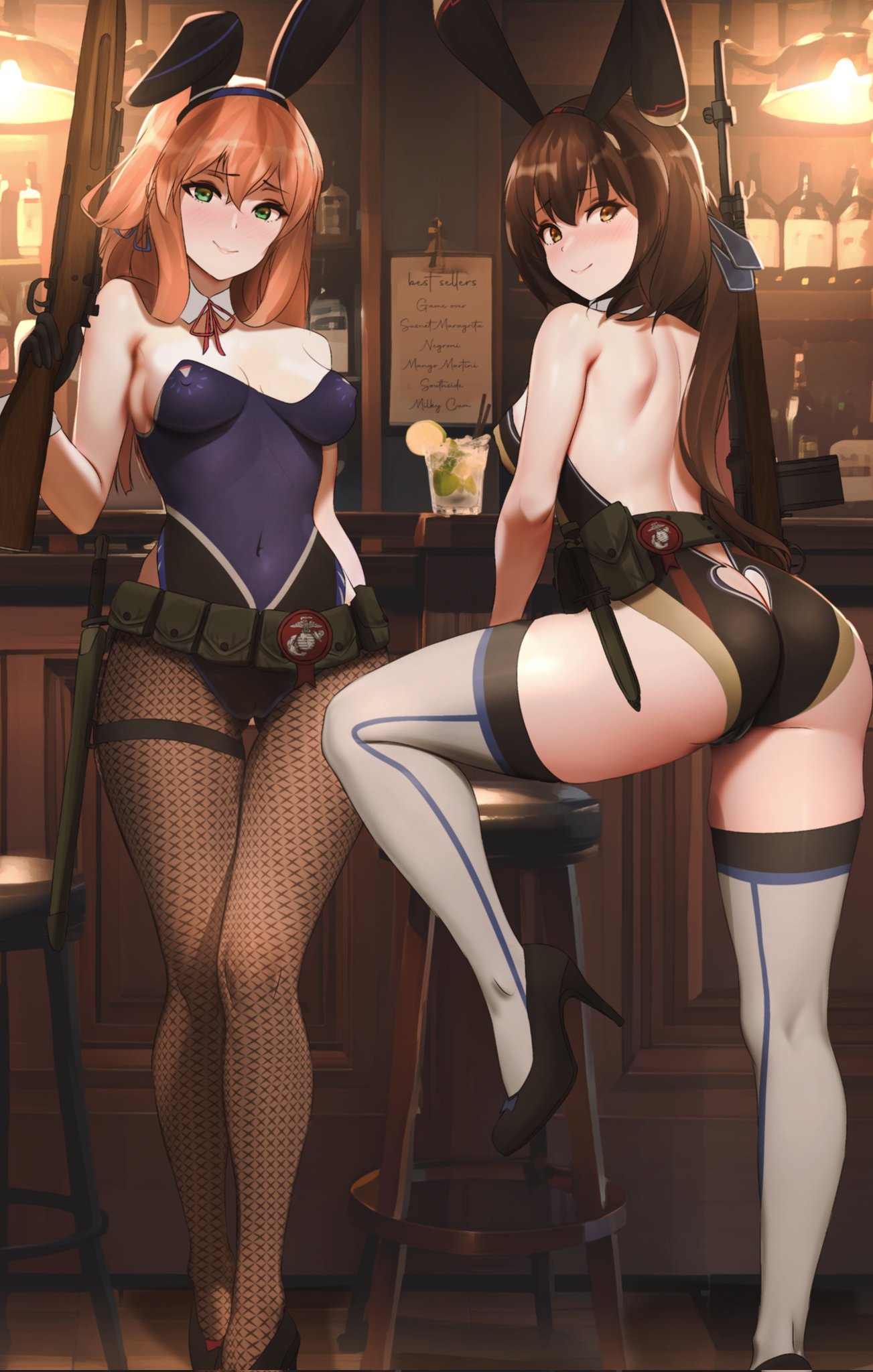 2girls ass bar_(place) battle_rifle black_corset blue_corset bolt_action breasts brown_eyes brown_hair clothing_cutout corset dgkamikaze fishnet_pantyhose fishnets girls'_frontline green_eyes gun heart_cutout highres looking_at_viewer m14 m14_(girls'_frontline) m1903_springfield multiple_girls pantyhose playboy_bunny rifle springfield_(girls'_frontline) thighhighs thighs united_states_marine_corps weapon white_thighhighs