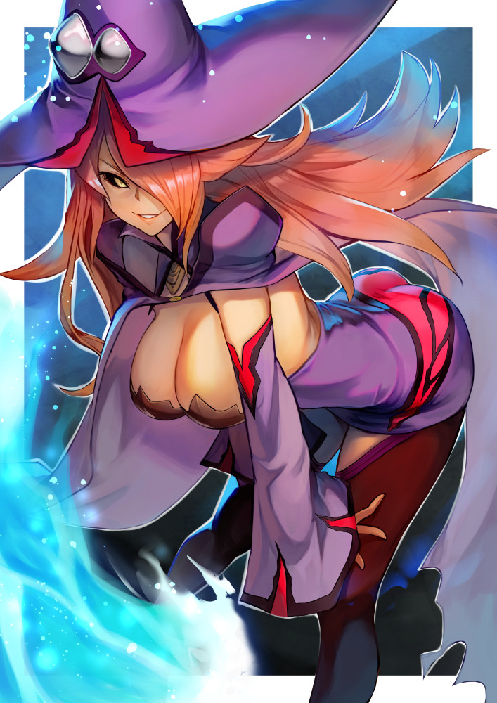 1girl bent_over black_sclera blazblue border breasts cape cleavage colored_sclera detached_sleeves dress hair_over_one_eye hat hinoru_saikusa konoe_a._mercury large_breasts long_hair looking_at_viewer orange_hair purple_cape purple_dress purple_headwear short_dress sleeves_past_wrists solo thighhighs white_border witch witch_hat yellow_eyes