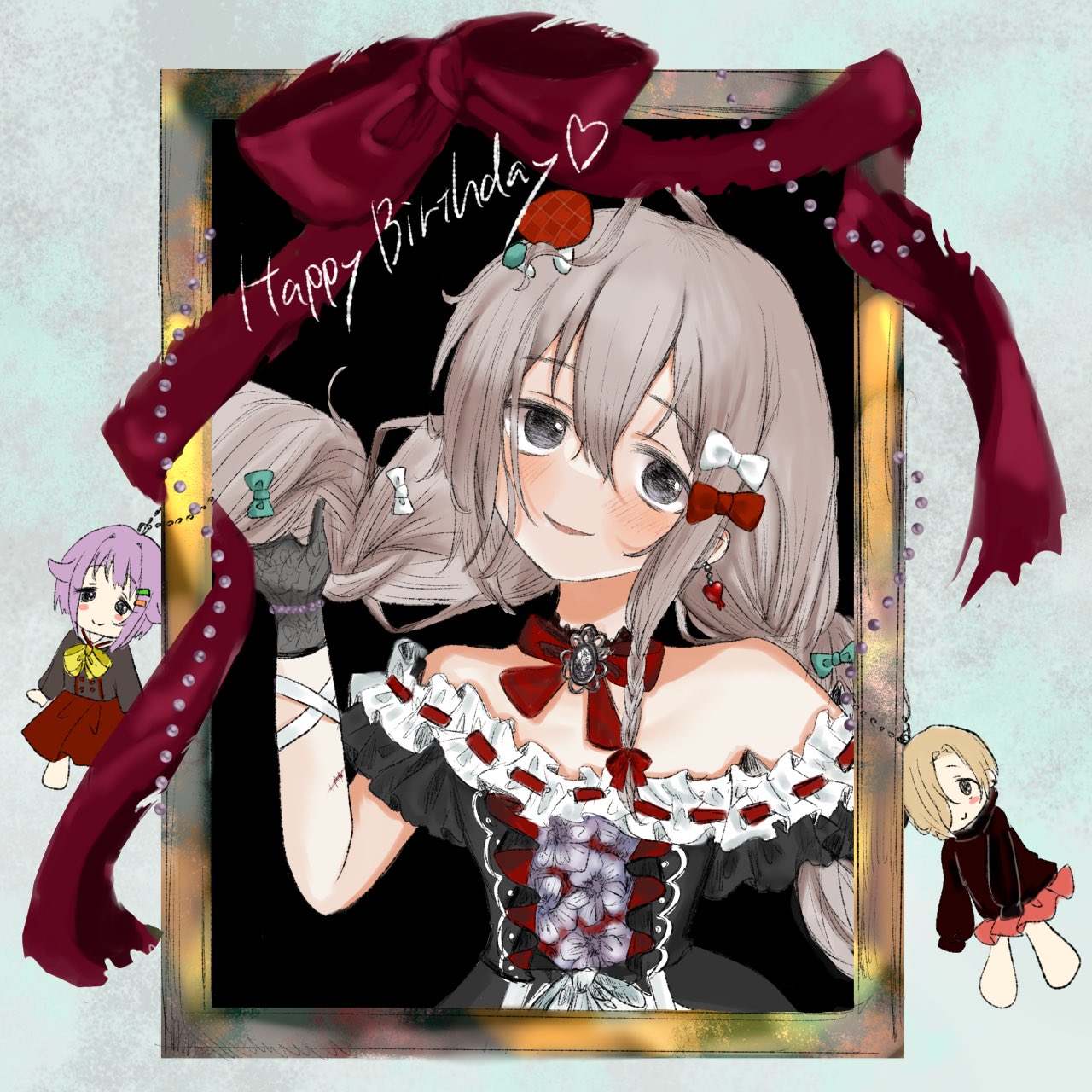 1girl bare_shoulders black_dress blush bow braid brooch character_doll choker dress food-themed_hair_ornament frilled_dress frills gloves grey_eyes grey_hair hair_between_eyes hair_bow hair_ornament happy_birthday highres hoshi_syoko idolmaster idolmaster_cinderella_girls jewelry koshimizu_sachiko lace lace_gloves long_hair looking_at_viewer multicolored_clothes multicolored_dress multiple_hair_bows mushroom_hair_ornament parted_lips picture_frame red_ribbon ribbon ribbon_choker shirasaka_koume smile solo twin_braids upper_body wanwanpaccoro