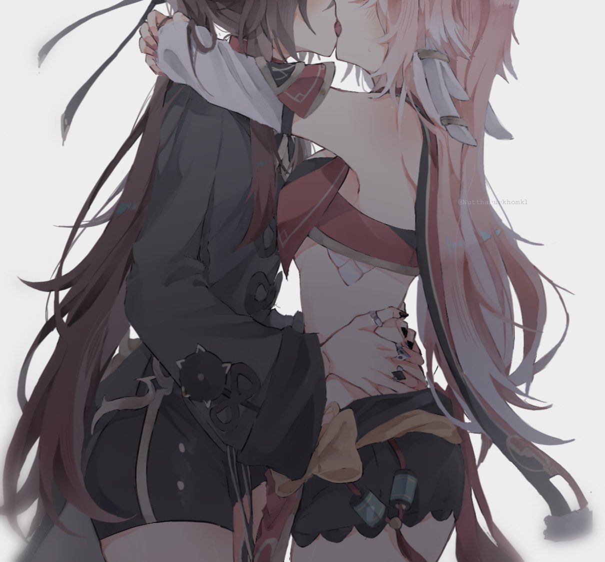 2girls antlers arms_around_neck blush freckles from_side genshin_impact hands_on_another's_waist head_out_of_frame hu_tao_(genshin_impact) jewelry kiss long_hair multiple_girls multiple_rings nutthanunkhomk1 pink_hair ring scales tongue twitter_username very_long_hair yanfei_(genshin_impact) yuri