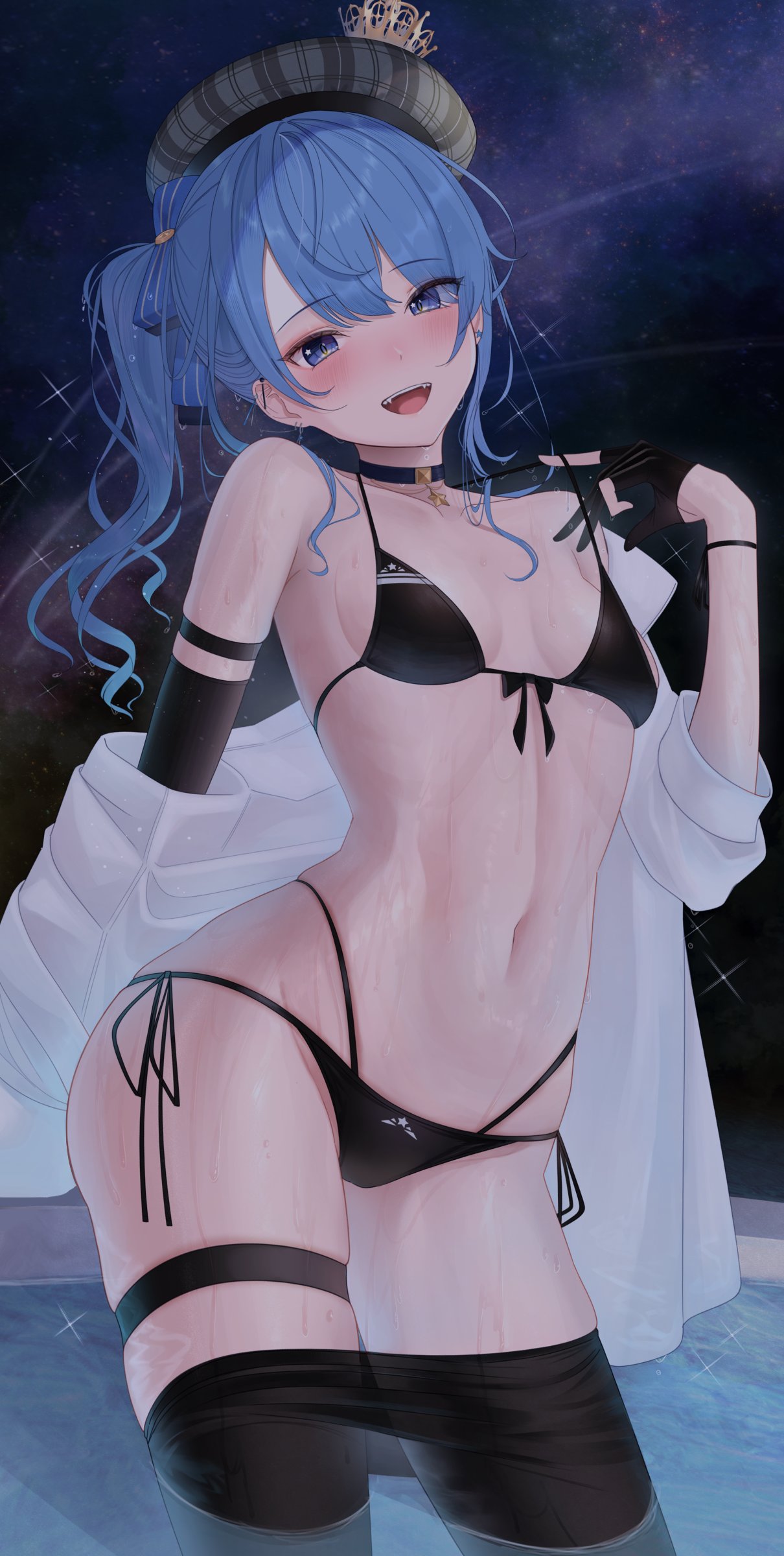 1girl :d absurdres barbell_piercing beret bikini black_bikini black_choker black_gloves black_pantyhose blue_eyes blue_hair breasts choker clothes_pull contrapposto crown ear_piercing gloves grin hat highres hololive hoshimachi_suisei industrial_piercing kachikachipiroo long_hair looking_at_viewer mini_crown navel night open_mouth pantyhose pantyhose_pull partially_fingerless_gloves piercing plaid_headwear shooting_star side-tie_bikini_bottom side_ponytail skindentation sky small_breasts smile solo star_(sky) star_(symbol) star_in_eye starry_sky stomach strap_pull swimsuit symbol_in_eye thigh_strap virtual_youtuber wading water wavy_hair wet