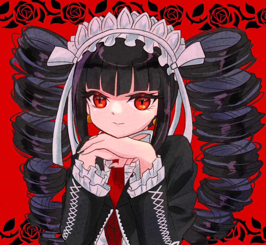 12nekosan21 1girl black_hair black_nails bonnet celestia_ludenberg closed_mouth danganronpa:_trigger_happy_havoc danganronpa_(series) drill_hair earrings frills gothic_lolita jacket jewelry lolita_fashion long_hair long_sleeves looking_at_viewer nail_polish necktie own_hands_together red_background red_eyes red_necktie shirt smile solo twin_drills twintails