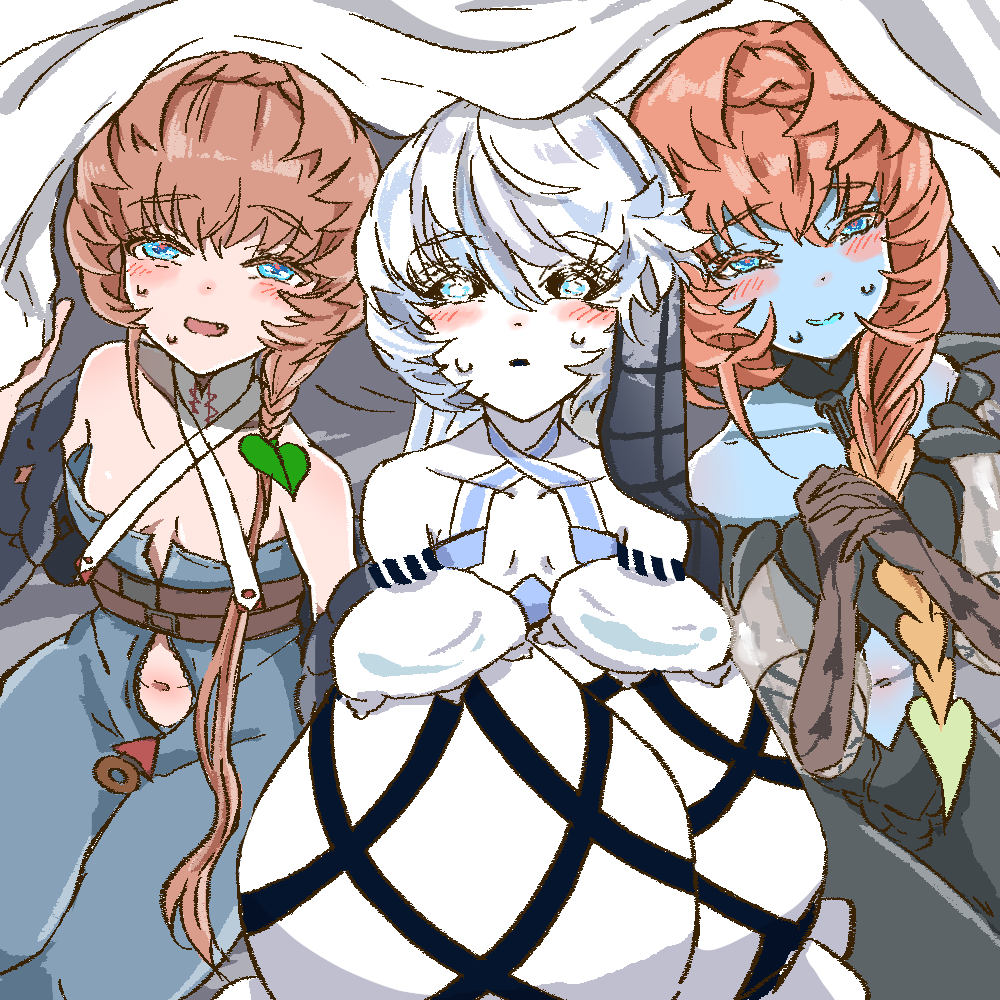 3girls belt black_dress black_sclera blue_eyes blue_overalls blue_skin blue_tongue blush braid breasts brown_hair buckle clothing_cutout colored_sclera colored_skin colored_tongue crown_braid dress dual_persona fang fate/grand_order fate_(series) heart heart_print long_sleeves looking_at_viewer multiple_girls navel navel_cutout open_mouth overalls own_hands_clasped own_hands_together puffy_long_sleeves puffy_sleeves red_pupils shimogamo_(shimomo_12) side_braid sitting small_breasts sweatdrop van_gogh_(fate) van_gogh_(second_ascension)_(fate) van_gogh_(third_ascension)_(fate) white_dress white_eyes white_hair white_skin zipper_pull_tab