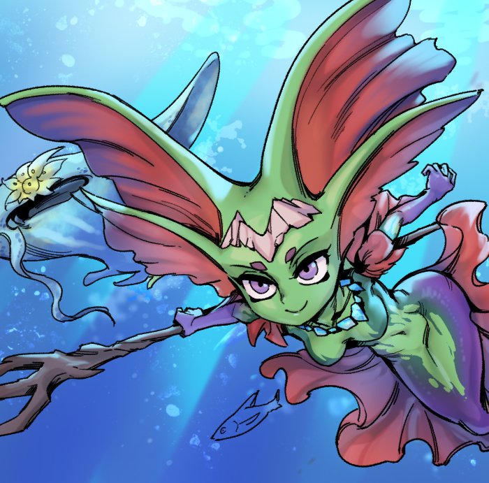 1girl animal breasts colored_skin fins fish green_skin holding holding_weapon jewelry league_of_legends medium_breasts mermaid monster_girl navel necklace phantom_ix_row pink_eyes short_sleeves smile tagme underwater weapon