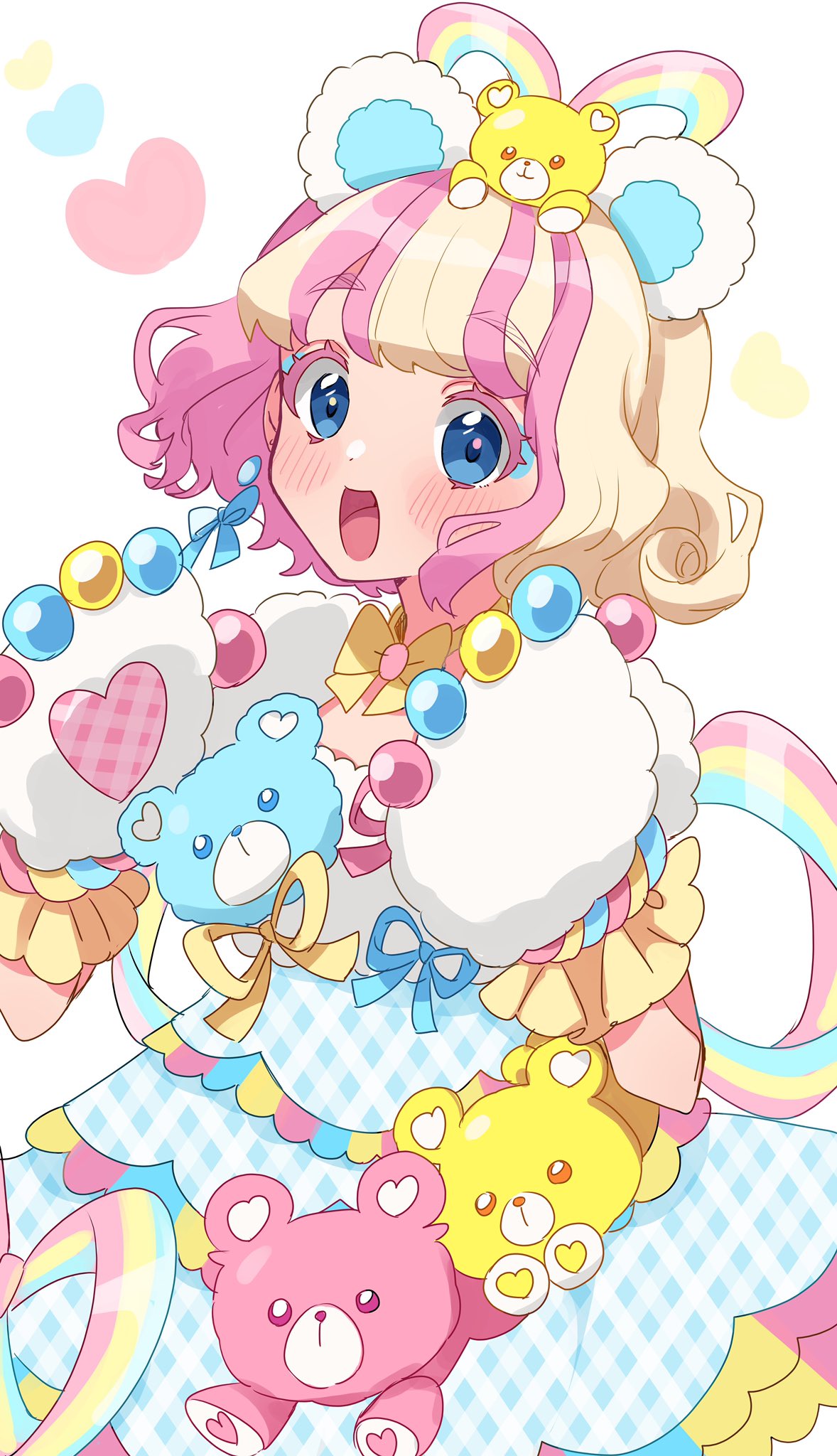 1girl amauri_miruki animal_ears animal_hands bear_ears bear_hair_ornament bear_paws blonde_hair blue_eyes blue_ribbon blue_skirt blush commentary_request dress fake_animal_ears flower frilled_skirt frills gloves hair_ornament hands_up highres idol_clothes looking_at_viewer multicolored_hair open_mouth paw_gloves pink_hair plaid plaid_skirt pretty_(series) ribbon rose saito_katuo short_hair simple_background skirt smile solo streaked_hair stuffed_animal stuffed_toy teddy_bear waccha_primagi! white_background yellow_flower yellow_rose yume_kawaii