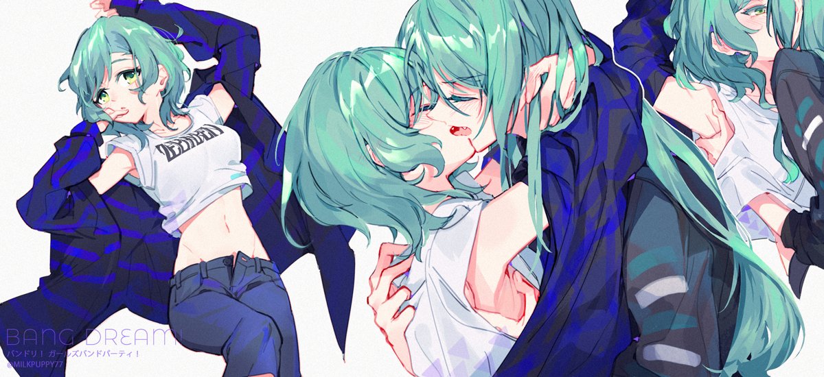 aqua_hair arm_around_neck bang_dream! blue_jacket blue_shirt blush closed_eyes denim french_kiss green_eyes hand_on_another's_back hand_under_clothes hikawa_hina hikawa_sayo incest jacket jeans kiss long_hair looking_at_another looking_at_viewer medium_hair midriff milk_puppy pants shirt siblings twincest twins white_shirt yuri