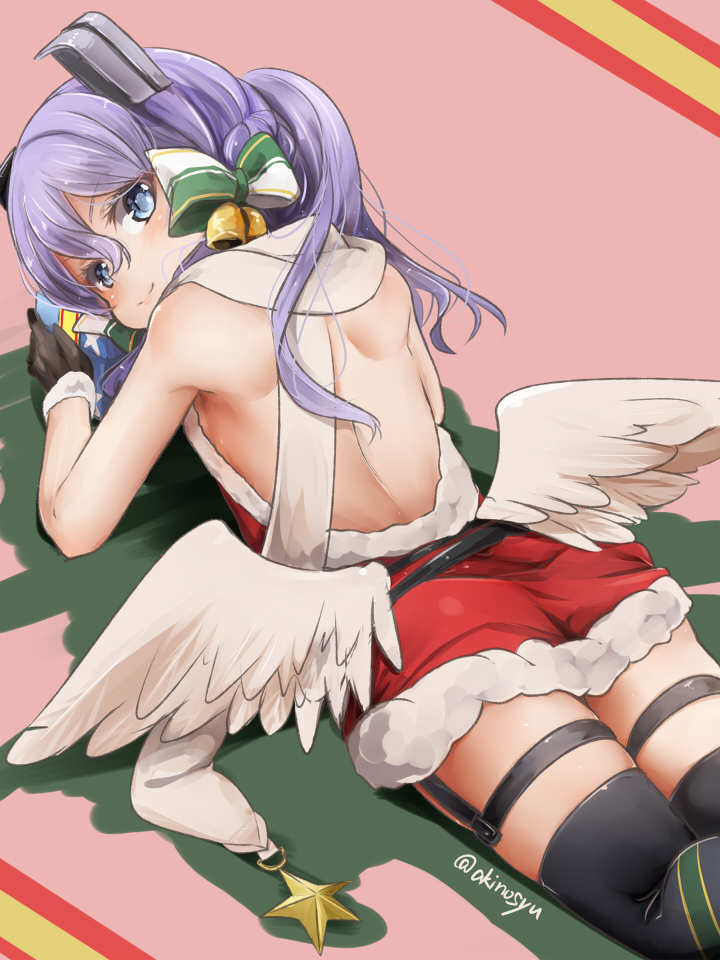 1girl akino_shuu ass backless_dress backless_outfit bare_shoulders bell black_gloves black_thighhighs blue_eyes bow box closed_mouth commentary_request dress feathered_wings fur-trimmed_dress fur-trimmed_gloves fur_trim gift gift_box gloves hair_between_eyes hair_bow holding holding_gift kantai_collection langley_(kancolle) long_hair looking_at_viewer looking_back low_wings lying on_stomach pink_background purple_hair red_dress santa_costume smile solo star_(symbol) striped striped_bow thighhighs white_wings wings
