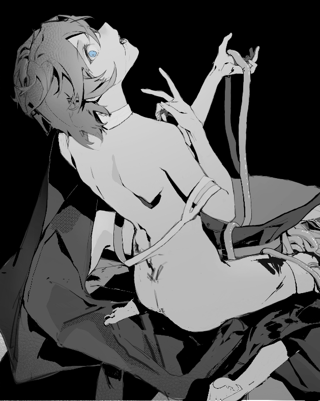 1other androgynous black_background blood blood_from_mouth blue_eyes cape chinese_commentary choker clothes_removed commentary_request corallo from_behind greyscale guro holding_organ intestines kuzu_suzumi len'en looking_at_viewer looking_back monochrome nude open_mouth short_hair shoulder_blades sitting smile spot_color teeth v wariza