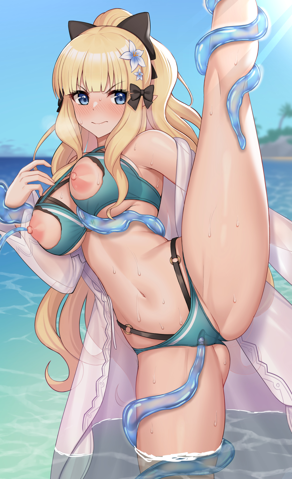 1girl aqua_bikini beach bikini black_bikini black_bow blonde_hair blue_eyes blush bow breasts cleavage elf flower hair_bow hair_flower hair_ornament high_ponytail highres komainu_(yamaha1997) large_breasts layered_bikini leg_up long_hair long_sleeves looking_at_viewer navel nipples o-ring o-ring_bikini pointy_ears ponytail princess_connect! saren_(princess_connect!) saren_(summer)_(princess_connect!) shore sidelocks slime_(creature) solo split spread_legs standing standing_on_one_leg standing_split swimsuit