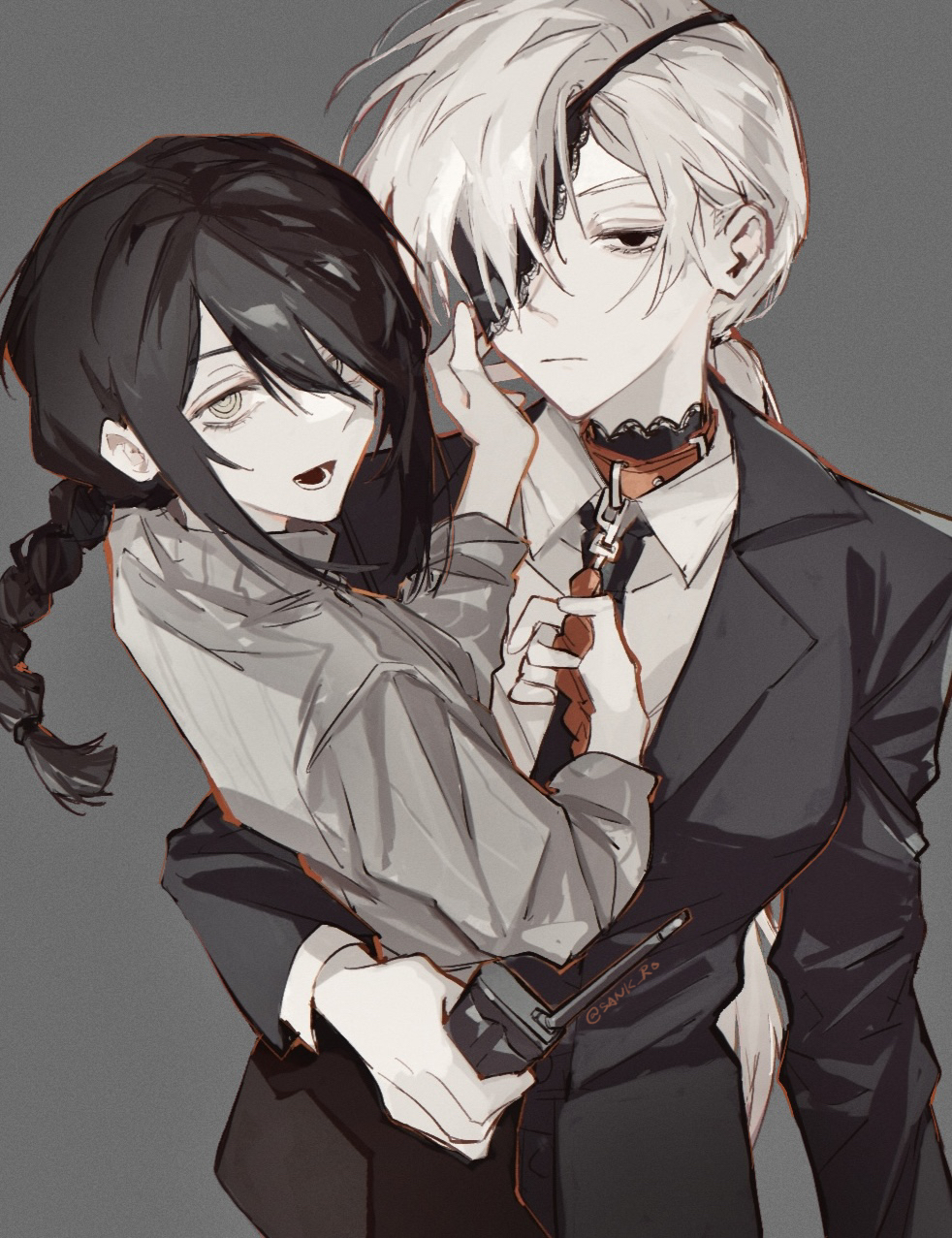 2girls arm_around_waist black_eyes black_hair black_necktie braid chainsaw_man expressionless frilled_eyepatch grey_background grey_shirt hair_between_eyes hair_over_one_eye half-closed_eyes hand_on_another's_cheek hand_on_another's_face highres holding holding_leash holding_radio leash leather_collar long_hair looking_at_viewer low_ponytail multiple_girls nayuta_(chainsaw_man) necktie open_mouth quanxi_(chainsaw_man) ringed_eyes sank shirt suit twitter_username upper_body very_long_hair white_hair white_shirt yellow_eyes yuri