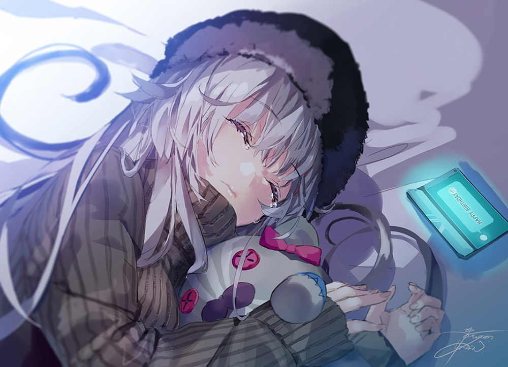 1girl black_headwear button_eyes charlotta_skopovskaya closed_eyes doll grey_hair happy_birthday heaven_burns_red lying on_side sleeves_past_wrists solo striped sweater tears yuugen