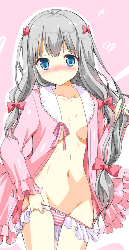 1girl blue_eyes blush bow bow_panties breasts commentary_request eromanga_sensei frilled_panties frills grey_hair groin hair_bow izumi_sagiri long_hair medium_breasts navel no_bra panties panty_pull pink_background raised_eyebrows solo striped striped_panties underwear very_long_hair yamamoto_kazue