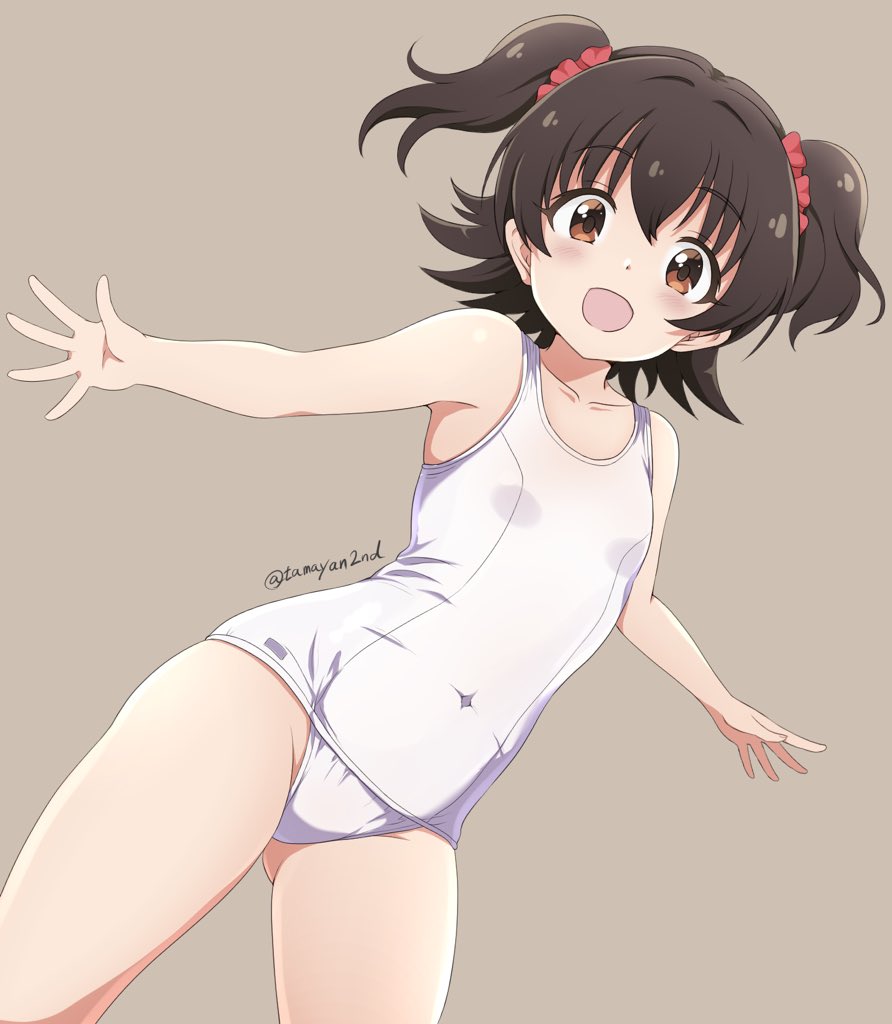 1girl akagi_miria artist_name ass_visible_through_thighs breasts brown_background brown_eyes brown_hair collarbone commentary_request covered_navel cowboy_shot idolmaster idolmaster_cinderella_girls looking_at_viewer one-piece_swimsuit open_mouth school_swimsuit short_hair simple_background small_breasts solo swimsuit tamayan thighs twitter_username two_side_up white_one-piece_swimsuit