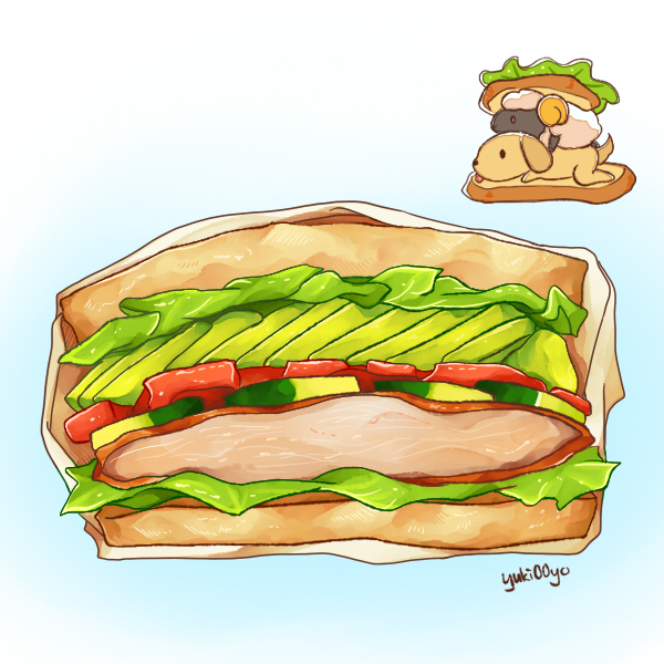 0_0 animal artist_name avocado black_eyes blue_background bread chibi chibi_inset chicken_(food) commentary cross-section cucumber cucumber_slice dog food food_focus from_side in_food lettuce lying no_humans on_stomach original paper profile sandwich sheep signature simple_background solid_oval_eyes tomato tomato_slice tongue tongue_out yuki00yo