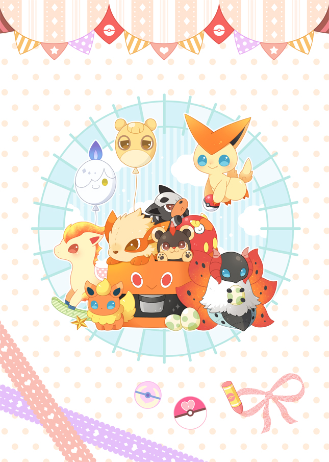 arcanine balloon blue_eyes brown_eyes character_balloon crayon darumaka egg flareon heal_ball holding holding_egg holding_poke_ball houndour litleo litwick love_ball no_humans numel pink_ribbon poke_ball poke_ball_(basic) pokemon pokemon_(creature) pokemon_egg ponyta red_eyes ribbon rocking_horse rotom rotom_(heat) smile star_(symbol) string_of_flags stuffed_animal stuffed_toy ten'on_(amane09) victini volcarona