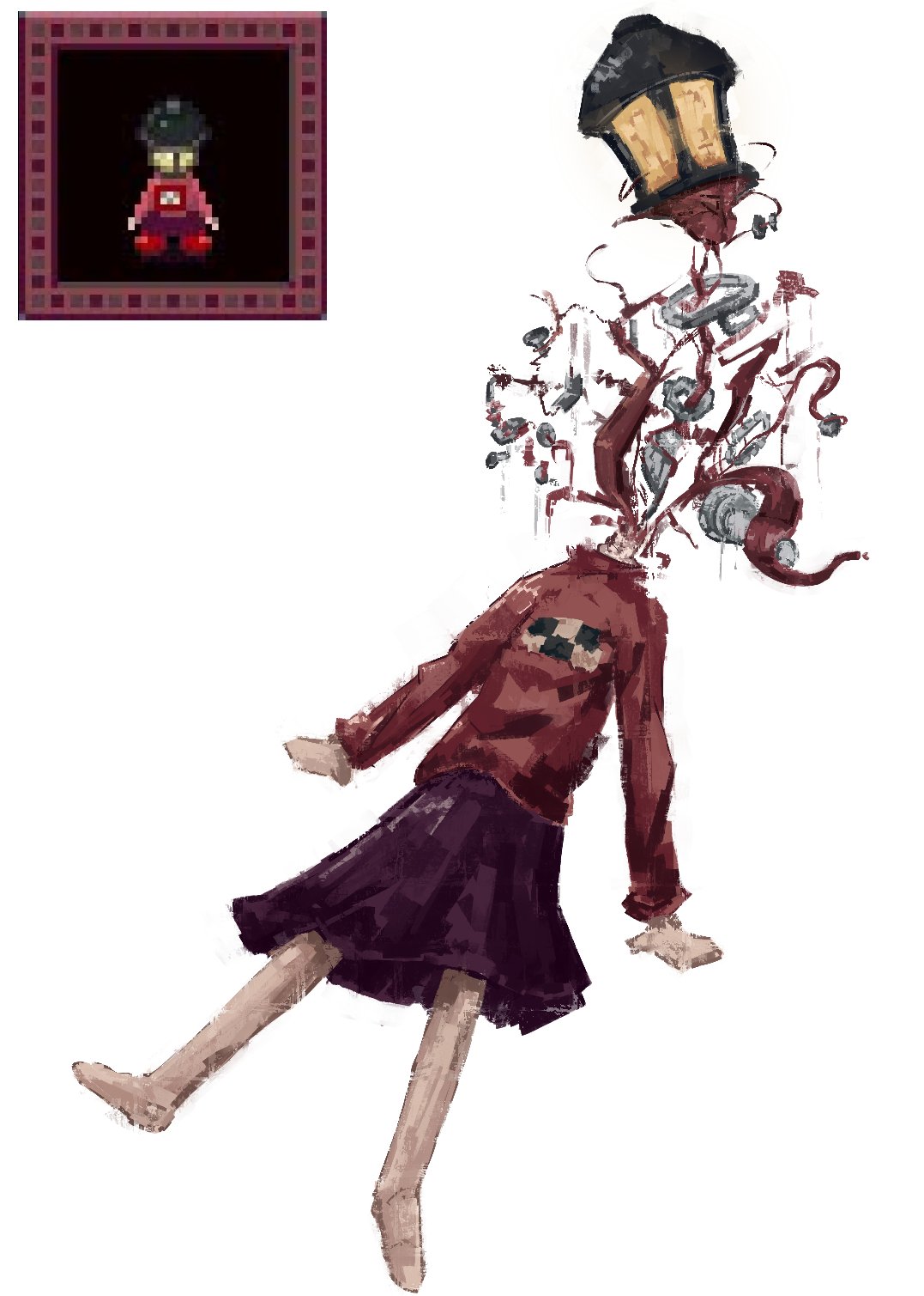 1girl arms_at_sides barefoot blood decapitation full_body highres lamp lamppost long_sleeves madotsuki medium_skirt object_head pink_sweater purple_skirt red_footwear reference_inset screw shoes simple_background skirt solo sweater sweather20 turtleneck turtleneck_sweater white_background yume_nikki