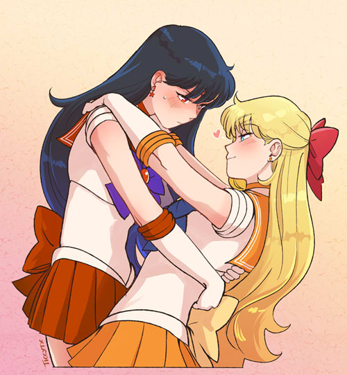 2girls aino_minako bishoujo_senshi_sailor_moon black_hair blonde_hair blush bow earrings hair_bow hino_rei hug jewelry long_hair multiple_girls pink_background sailor_mars sailor_senshi sailor_senshi_uniform sailor_venus ticcy twitter_username yuri